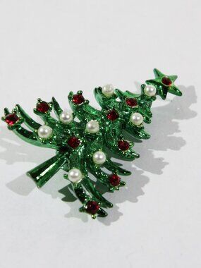 MYLU Christmas Tree Brooch Green Enamel Rhinestone Pearl Signed MYLU 1960s
